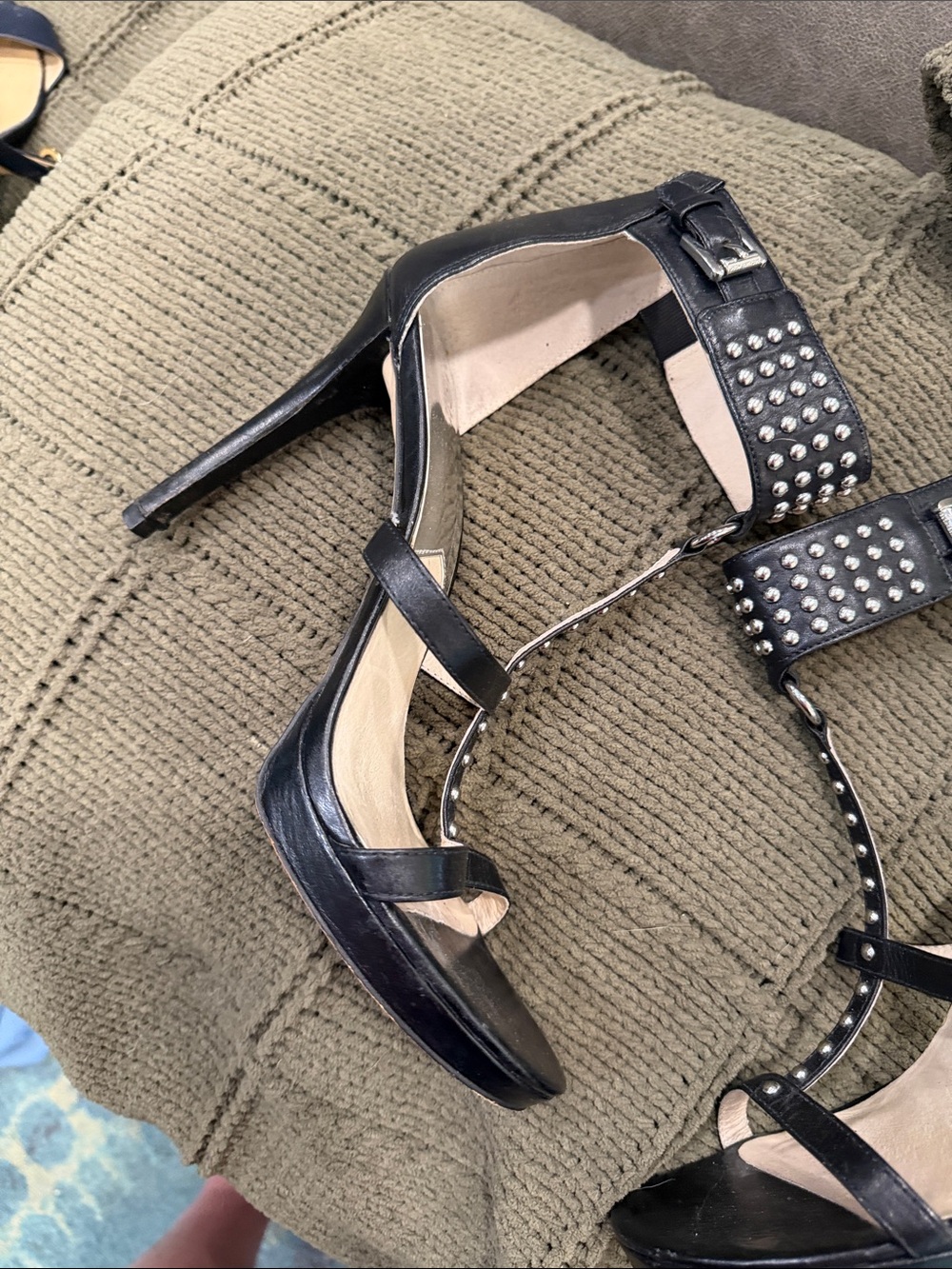 Michael Kors Black Studded T-Strap High Heel Sandals - Picture 8 of 9